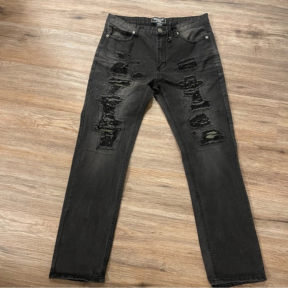 Brooklyn Xpress Jeans Mens 36X34 Black Distressed Patch Streetwear Hipster Goth - Picture 1 of 10